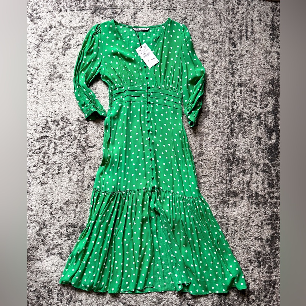 NWT zara green white button polka dot midi dress small - Picture 4 of 7